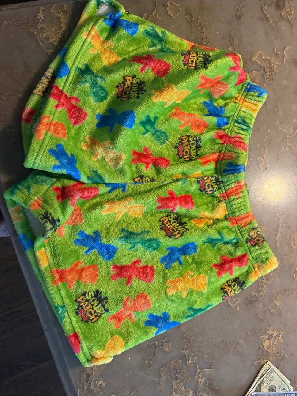 Plush Green Kids Shorts with Multicolor Candy Characters